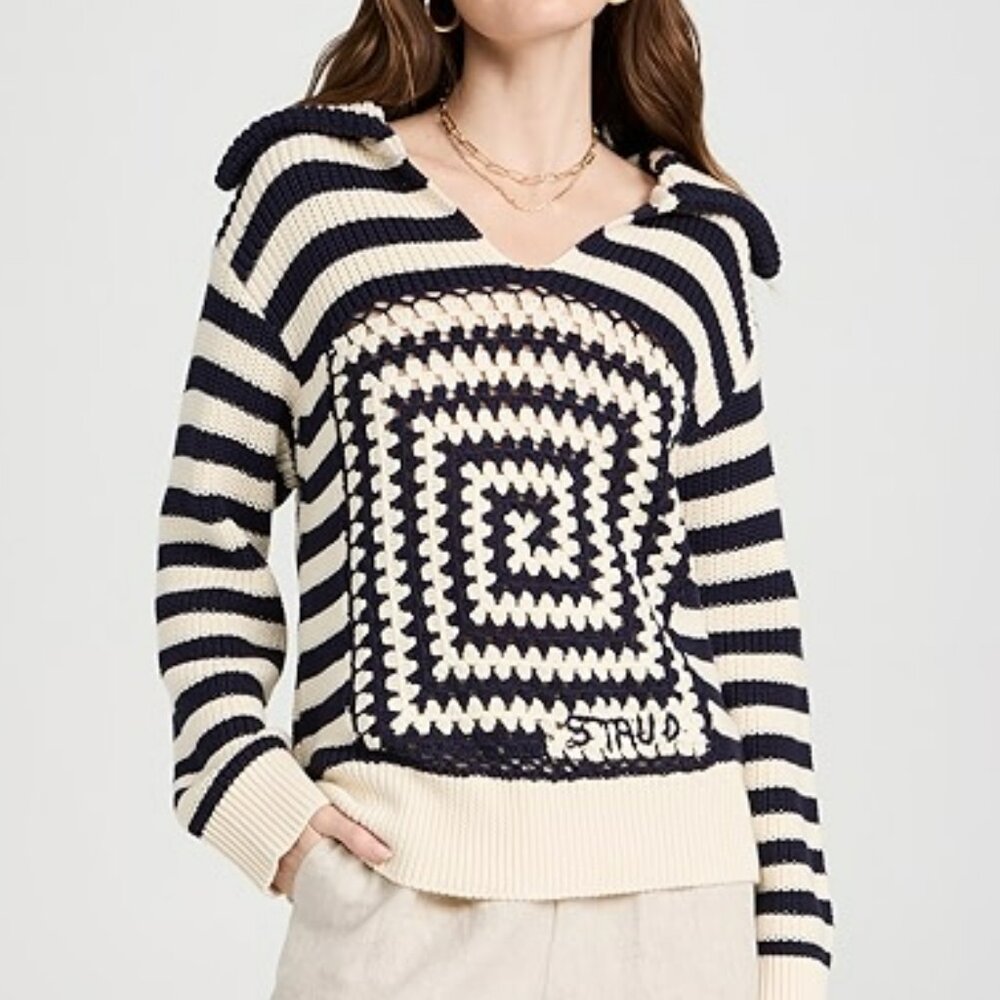 STAUD Navy and Cream V-Neck Sweater
